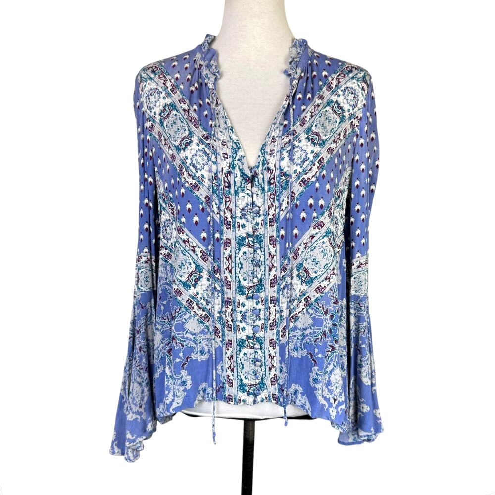 Free People Magic Mystery Sky Blue Print Long Flare Sleeve Boho Cottagecore Top